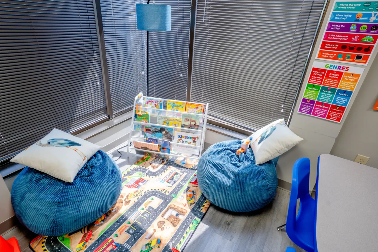 Cozy learning corner at Hill Greenville with bean bags, books, and genre charts for virtual academy students.